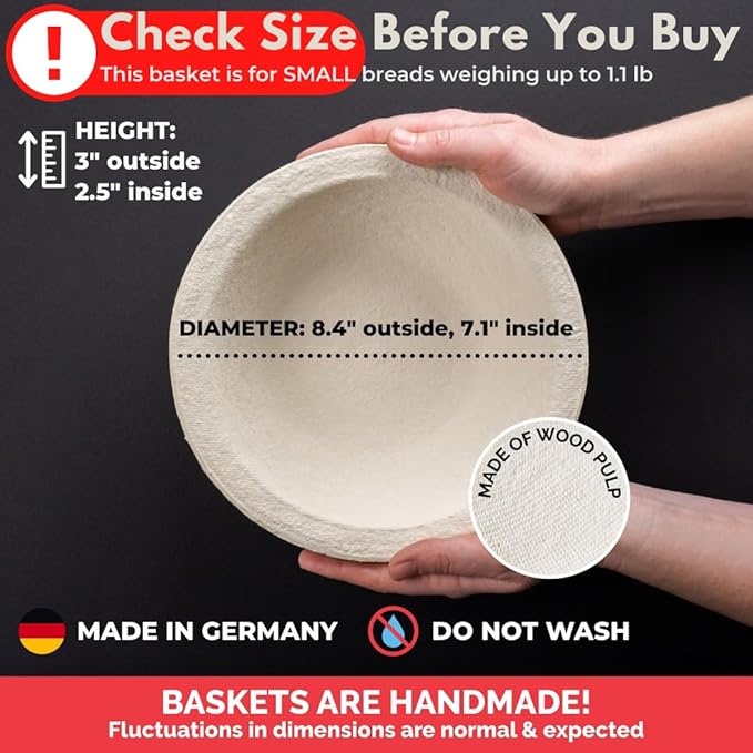 Bulka Small Round 8" 500g Plane Banneton Bread Proofing Basket Pressed Wood Pulp, Sourdough Proofing Basket - Non-Stick Brotform Sourdough Bread Baking Supplies, Made in Germany.