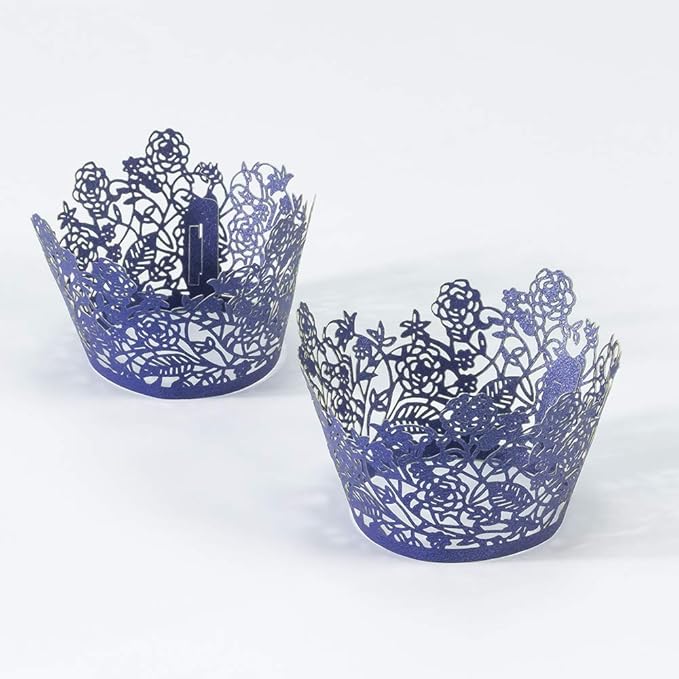 YOZATIA 60pcs Navy Blue Rose Lace Cupcake Wrappers Holders, Laser Cut Cupcake Liners Decorative Liners for Wedding Party Birthday Cake Decoration Supplies