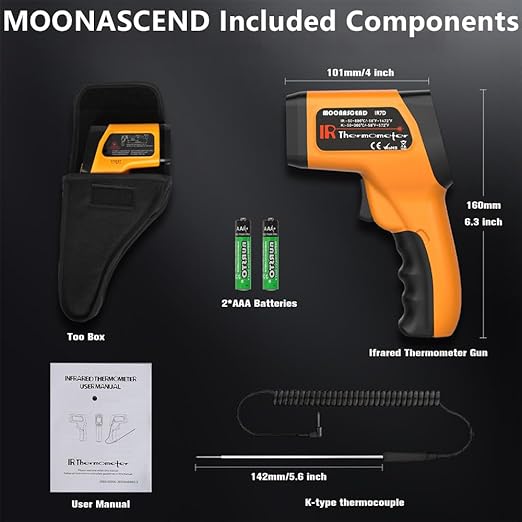 Infrared Thermometer Gun, Non Contact Thermometers Laser Temperature Guns with K-Type Probe, 12:1 Dual-Mode Temp Gun (-58°F to 1472°F) for Cooking, Pizza Oven, BBQ, Home Repairs, HVAC