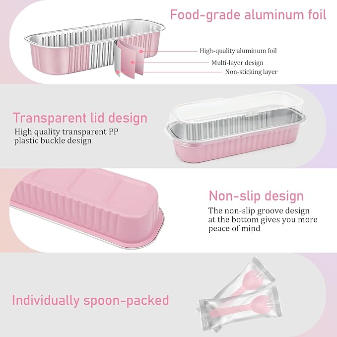 OcePor 100 Pack Mini Loaf Pans With Lids，Mini Cake Pans With Lids and Spoons，6.8oz Bread Loaf Pans Disposable，Small Aluminum Cake Tins,Baking Pans Individual