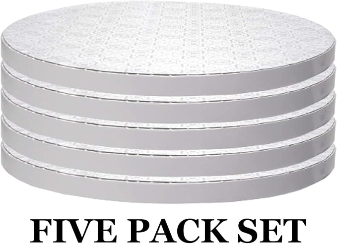 O'Creme White Cake Circles, Gorgeous Design, Sturdy & Durable 1/2' Thick, Round Boards with 8' Diameter, Pack of 5 Disposable Cake Drums