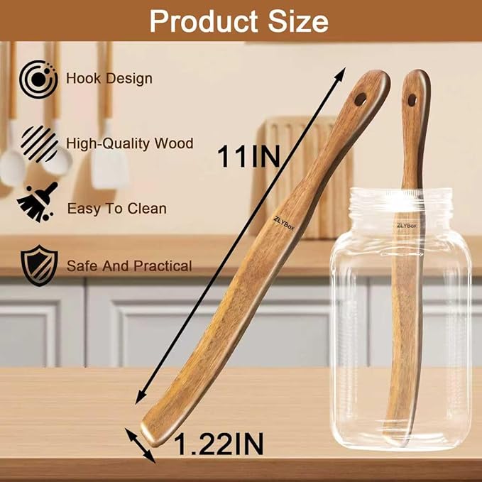 2Pcs Wooden Spurtle for Sourdough Starter, Mixing, Reaching Bottom of Jar, Dough Whisk, Long Handle Spatula, Kitchen Tools for NonStick Cookware, Baking & Cooking Utensils