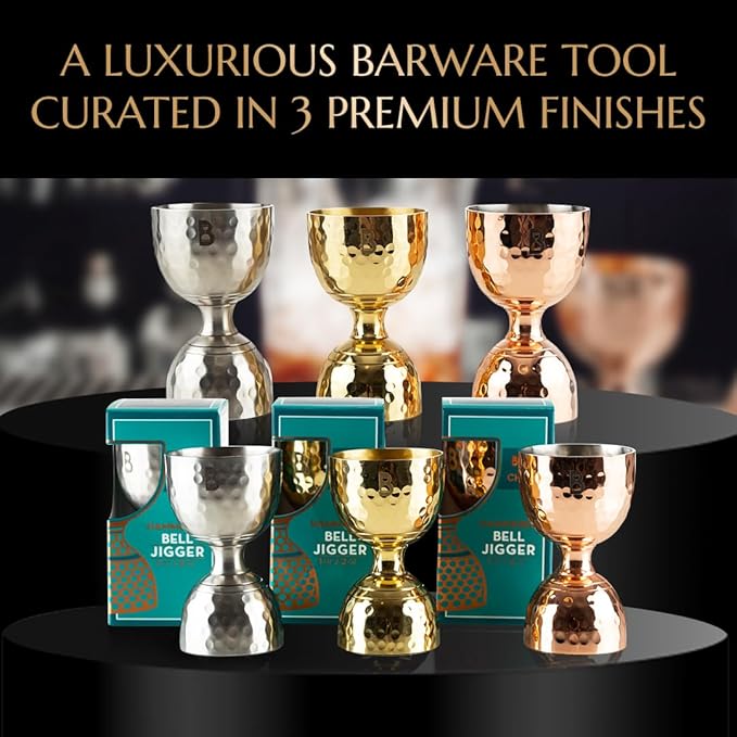 Hammered Bell Jigger by Bull In China - Premium 100% Brass with 0.25oz to 2oz Measures for Cocktails, Bars & Bartenders