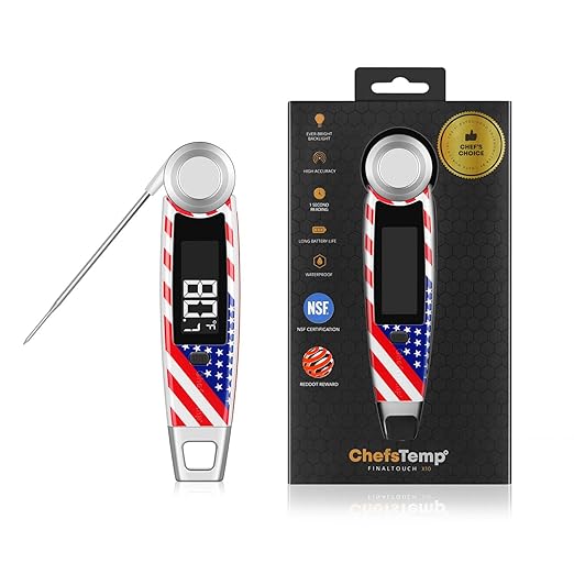 Finaltouch X10 Instant Read Digital Meat Thermometer NSF Certified Waterproof Professional for Cooking Grilling BBQ Baking Candy Oil with Rotating Probe and Backlit Display (American Flag)