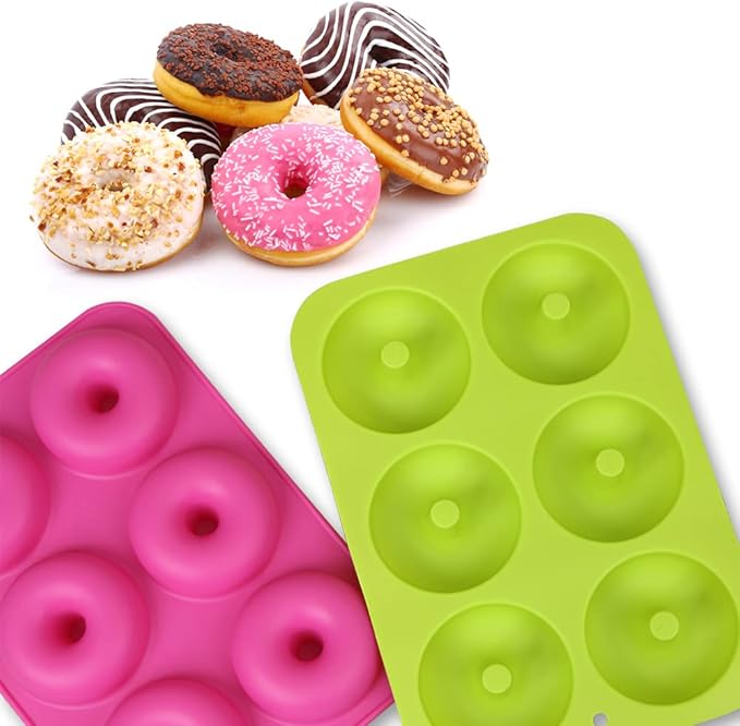 homEdge Silicone Donut Molds, 2-Pack of Non-Stick Food Grade Silicone Pans for Doughnut Baking – Green and Pink