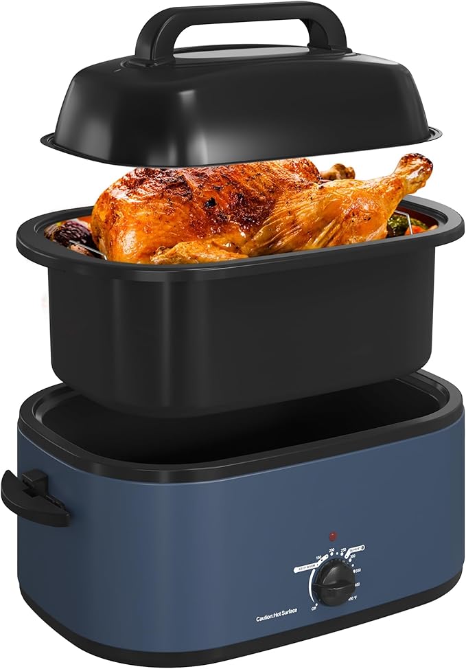 RoyalCraft 22-Quart Electric Roaster Oven with Visible Self-Basting Lid, Turkey Roaster Oven with Removable Pan and Rack, Perfect for Large Meals and Holiday Feasts, Blue