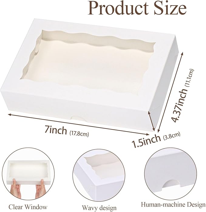 RomanticBaking 100 Pack White 7 x 4 3/8 x 1 1/2inches Cookies Boxes with Window Christmas Bakery Packaging for Macaron Treat Boxes Chocolate Truffle
