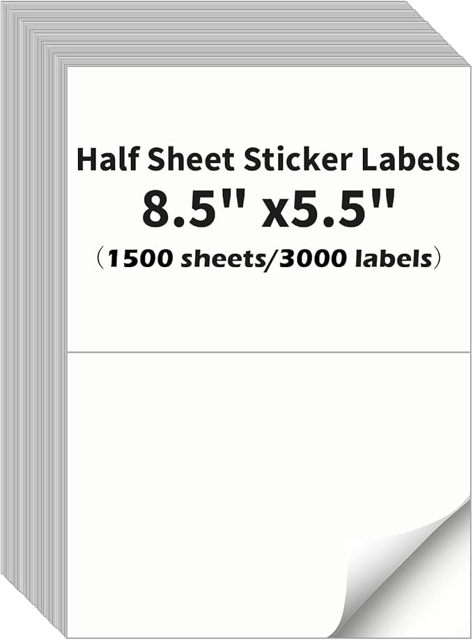Half Sheet Labels, 2 per Sheet, 1500 Sheets, 3000 Labels, 8.5" x 5.5" Shipping Label Paper, Address Sticker Laser & Inkjet Printer Label Stickers, 5 1/2" x 8 1/2" Half Sheet Label