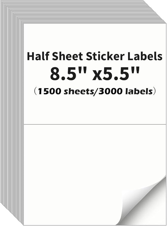 Half Sheet Labels, 2 per Sheet, 1500 Sheets, 3000 Labels, 8.5" x 5.5" Shipping Label Paper, Address Sticker Laser & Inkjet Printer Label Stickers, 5 1/2" x 8 1/2" Half Sheet Label