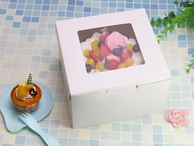 10Packs 8x8x5 Inches White Cake Boxes with Window, Gift Packing, Bakery Boxes, Dessert, Pastry, Cupcake, Pie Cookies, With Stickers,66 FT Twine (8 * 8 * 5 Inch, White)
