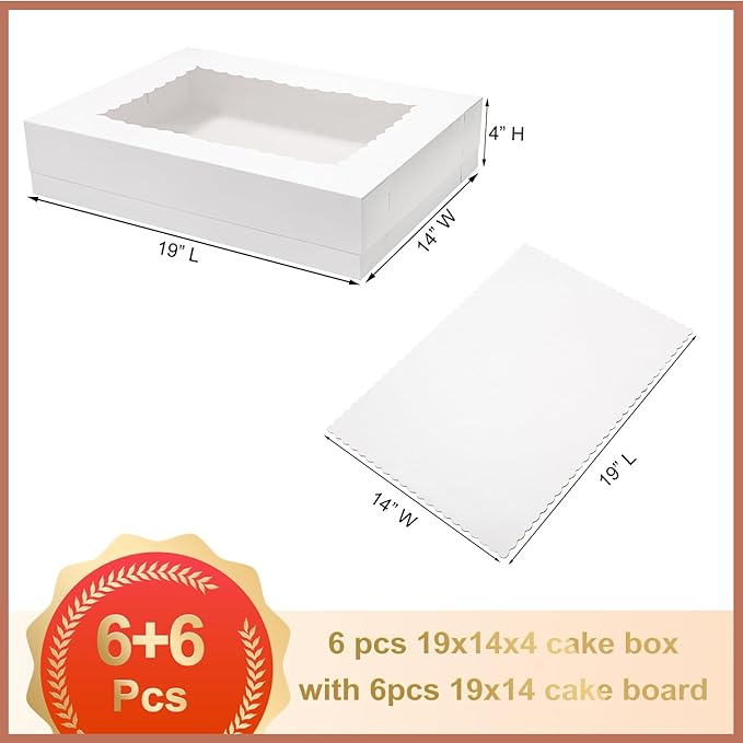 6pcs 19x14x4 Half Sheet Cake Boxes with 6pcs Cake Boards Rectangle 1/2 Sheet Bakery Boxes with Window for Pastry Baking Cake, Cupcakes, Donuts, Cookies, Pie Treat Packaging White Large