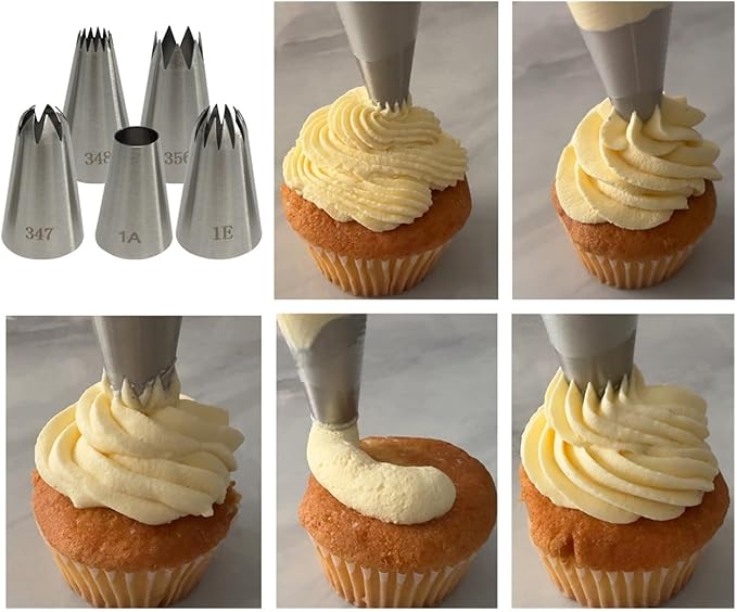 5Pcs Large Piping Tips Set, Cookie Decorating Tools Cake Decorating Tips Frosting Icing Tips Piping Nozzles Baking Tools for Cupcake Cake Cookie Pastry, Food Grade Stainless Steel, 1A 1E 347 348 356