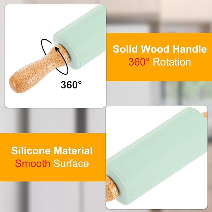uxcell 4 Inch Silicone Rolling Pin, Small Dough Roller with Wood Handle for Pizza Pastry Fondant Kitchen, Mint Green