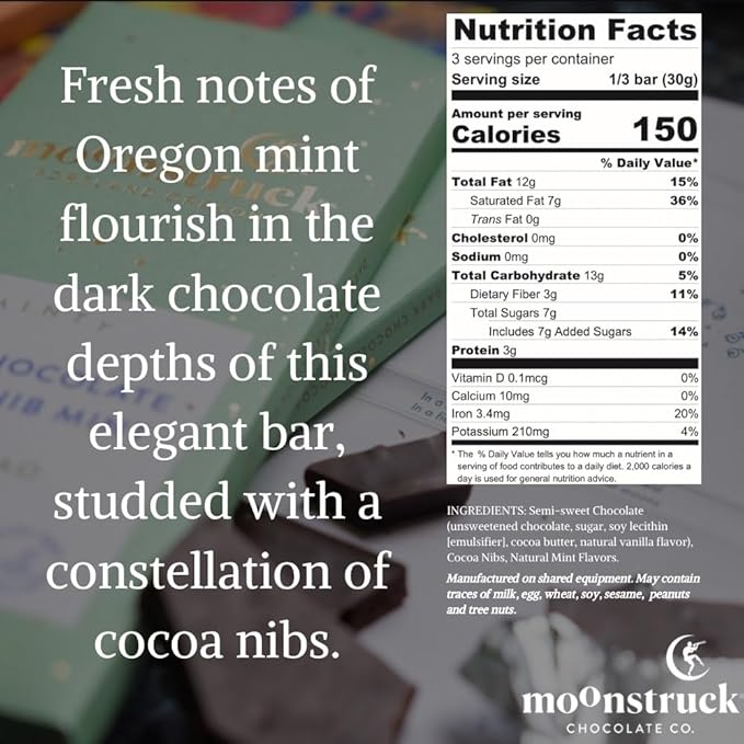 Moonstruck Chocolate Mint Chocolate Bar, 73% Cacao, 3.0oz (Pack of 12)