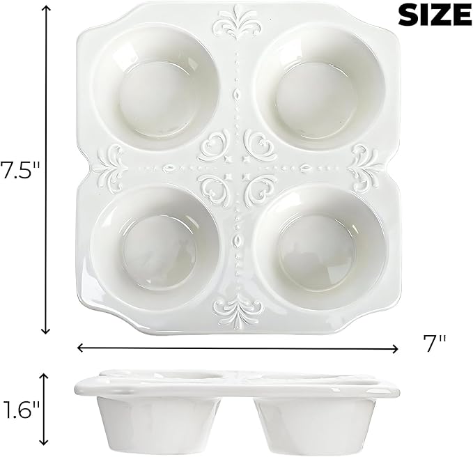 Hiceeden 2 Pack 4-Cup Ceramic Muffin Pan, Nonstick Muffin Tin with Handle, Ceramic Cupcake Baking Pans with Embossed Pattern for Muffin, Cupcake, White