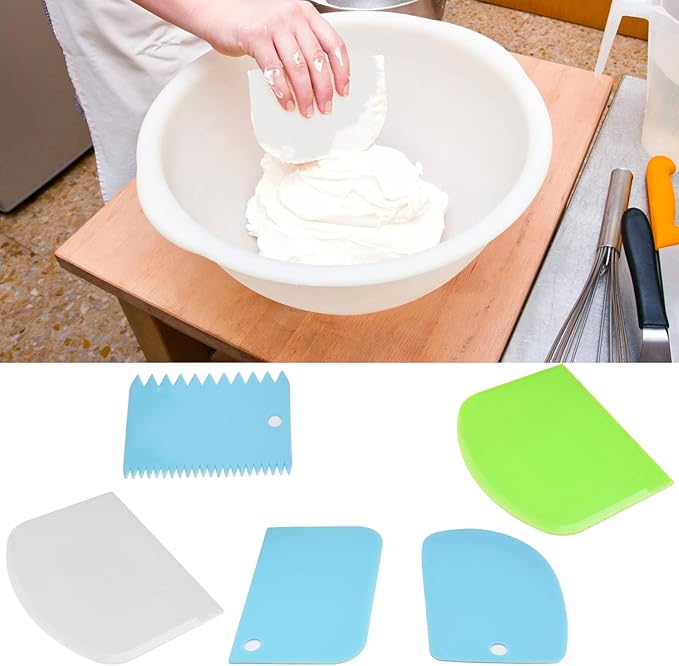 Multipurpose Bowl, Cake Scraper and Dish Scraper Smoother, 5 Pcs Flexible Plastic Dough Cutter, Bench Scraper for Baking Kitchen (Blue)