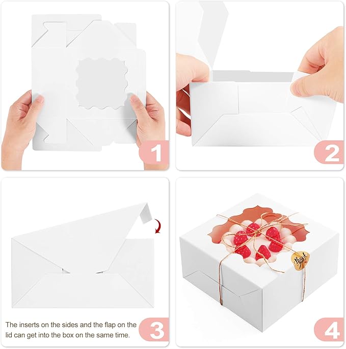 Eupako 6x6x3-Small-Cakes-Boxes - Bakery-Boxes-with-Window-White-Cookie-Boxes-Kraft-Treat-Boxes-Charcuterie-Box for Pastry, Cupcakes, Pie, Donuts