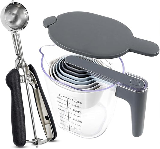 Measuring Cups and Spoons set 11-Piece, Stackable Measuring Cup with Lid and Cookie Scoop (#40), BPA Free, Dishwasher Safe, Cooking Baking Gadgets