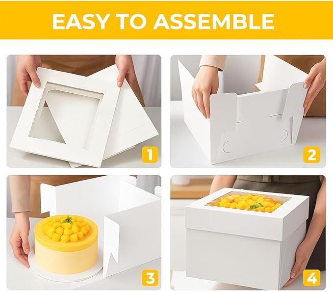 3 Pack Cake Boxes, 10x10x8 Inches Tall Cake Box with Cake Boards, White Bakery Boxes with Window, Disposable Cake Containers with Lids for Cake, Donuts, Pies, Cookies, Wedding, Birthday, Party