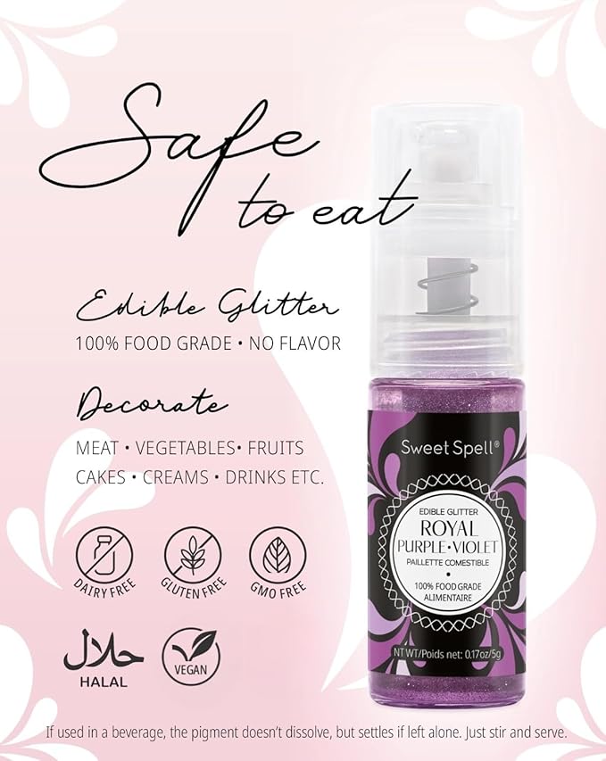 Sweet Spell Edible Cake Glitter Spray – Shimmering Magic for Cakes Decorating & Cocktails – 100% Edible, Food-Grade, Vegan, Gluten-Free (Purple)