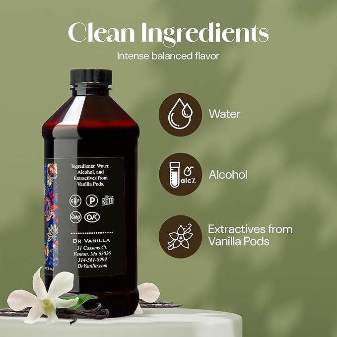 Natural Vanilla Extract - Bourbon, Madagascar, Kosher, Sugar free, GMO free, gluten free, and additive free (16oz)
