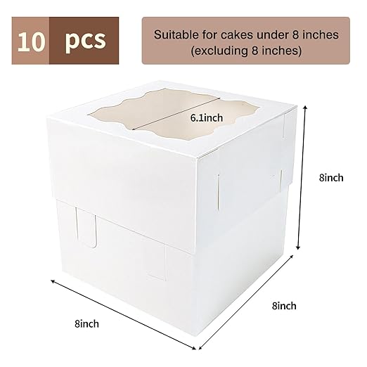 Moretoes 10pcs 8x8x8 Inches Cake Boxes with Window, White Bakery Dessert Boxes, Cajas Pasteles for Cake, Valentine's Day, Mother's Day,Wedding, Birthday, Party