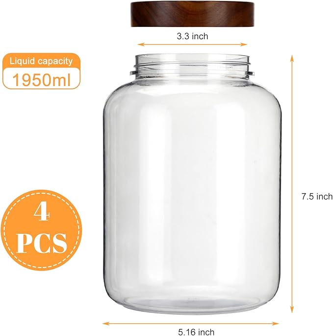 LemonRoad 4 Pcs 66 FL OZ (1950ml) Plastic Storage Jars with Airtight Wooden Lid Large Clear Food Storage Container Canister for Sugar, Tea, Spices, Coffee, Bean, Candy, Cookies, Kitchen