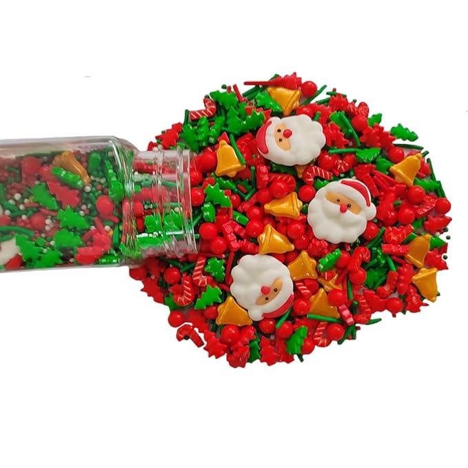 1 Bottle Christmas Sprinkles for Cookie Decorating Cake Toppers Christmas Tree Bells Candy Cupcake Topper Dessert Sprinkle Decorations with 6 Pieces Santa Claus