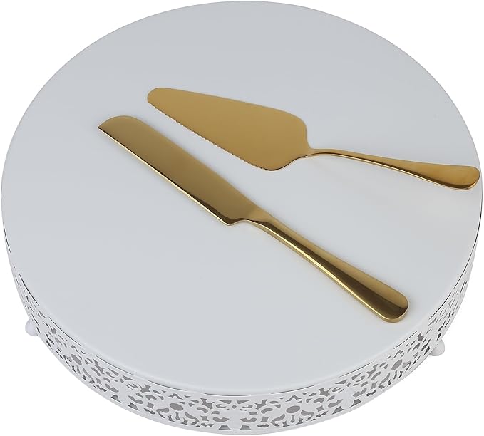 MTJYQTF White Cake Stand Set - Metal Round Cupcake Dessert Stand with Cake Cutting & Cake Spatula for Party, Candy Table Display for Wedding Birthday Baby Shower Housewarming Party CS003-pan-white