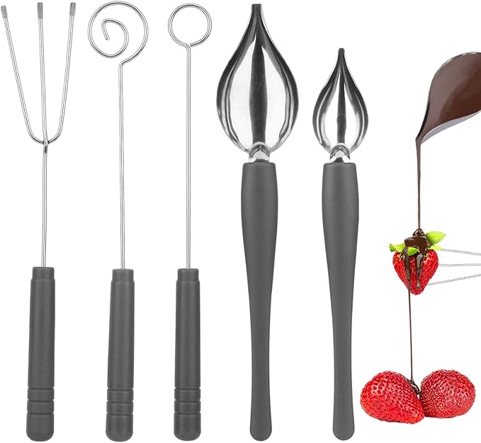 Chocolate Dipping Tool Set,2Pcs Drawing Decorating Spoon + 3Pcs Candy Dipping Tools,Stainless Steel Art Pencil Spoons Plated Decoration Spoons Set,for Decor Plates Cake Coffee