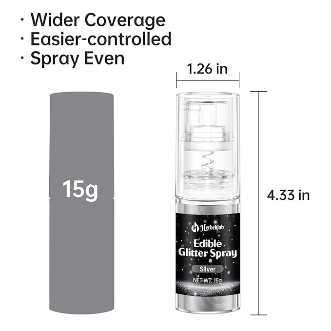 Silver Edible Glitter - 15g Edible Glitter Spray Food Grade Silver Drink Glitter for Cakes, Cookies, Cake Pops, Chocolate, Strawberries, Cocktails & Beverages