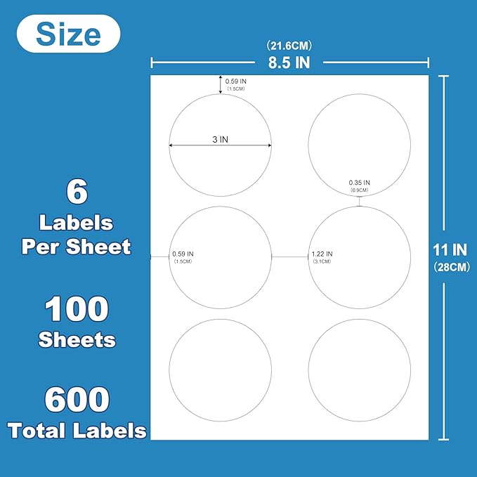 3" Round Sticker Labels for Laser/Ink Jet Printers, White Printable Sheets, Circle Stickers, 100 Sheets | 600 Labels (HB-C006)