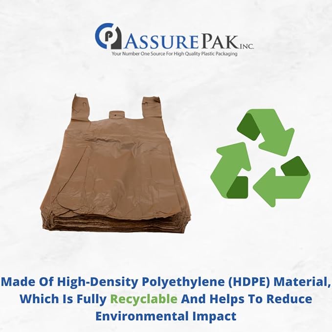 ASSUREPAK Brown HDPE T-Shirt Plastic Bags for Retail, Groceries, Merchandise, Convenience Store, Supermarket, Restaurant - 1/6 BBL, 11.5"X6"X21" - Pack of 200 Bags, 13 Microns - Unprinted (Brown)