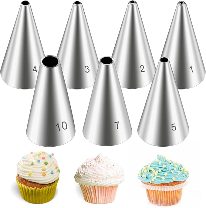 7 Pcs Round Hole Piping Tips Set Stainless Steel Cupcake Frosting Nozzles Cake Decorating Tool Russian Pastry Icing Dispensers Supplies for Baking Cookies Puff Doughnut Cream Bag Filler