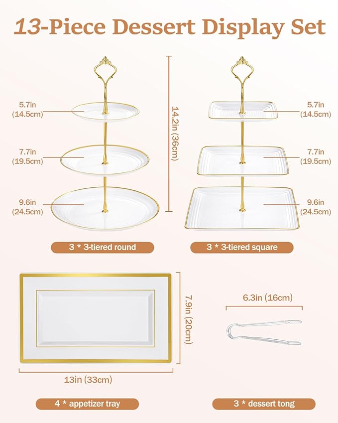 Lzerking 13pcs Dessert Table Display Set, 6 3-Tiered Cupcake Stands (3round & 3square) with 4 Trays & 3 Tongs, White Gold Plastic for Wedding, Tea Party, Baby Shower Decor, Birthday Party Decoration