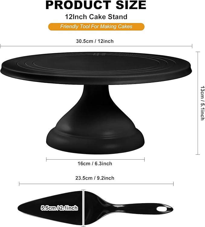 Large Cake Stand 12 Inch with Cake Spatula, Round Bamboo Fiber Cupcake Dessert Stand, Cake Decorating Display Stand for Birthday Parties, Weddings, Baby Shower and Other Events, Black