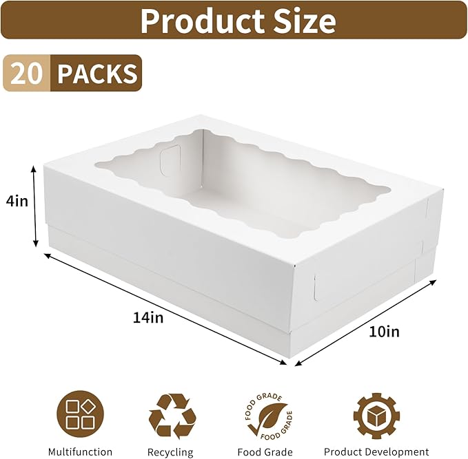 Moretoes 20pcs 14x10x4in Sheet Cake Boxes, White Quarter Bakery Boxes with Window, for Cake Pastry Baking Donuts Cupcake Pie Packaging