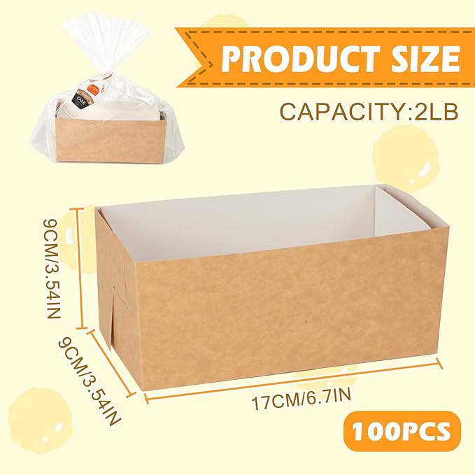 100 Pack Disposable Paper Gift Baskets 2Lb Loaf Pans for Baking Rectangle Bread Storage Bags with Clear Plastic Bags and Ties Kit for DIY Bakery Birthday Wedding Bow Party Gift Wrapping