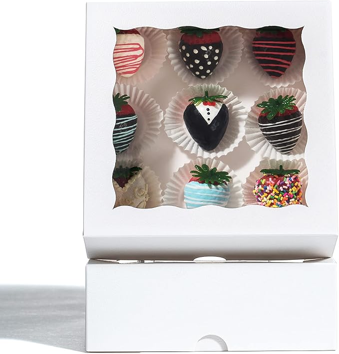 RomanticBaking 14pcs 7" x 7" x 2 1/2" Inches Bakery Boxes with Window for Pie, Cookies, Chocolate Covered Strawberries, Cakesickle, Brownies