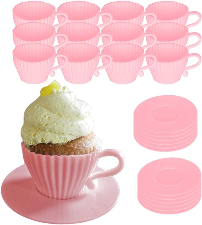 Evelots Baking Cupcake Molds - Silicone Teacup Set - 24 Pc Set - Oven-Safe - Nonstick - Muffin Cups for Bridal/Baby Shower, Birthday/Tea Party - 12 Cups & 12 Saucers - BPA Free