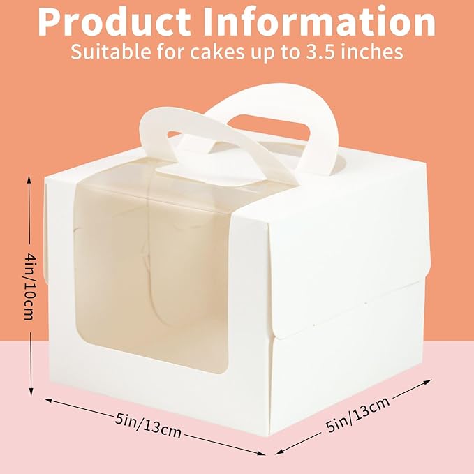 20Pcs 5×5×4 Inches Mini Cake Boxes-Solid White with Carry Handles and Cake Board-Suitable for Cakes up to 4 Inch,cake container,Pastries,Bakery Treats-Perfect for Celebrations and Gifts