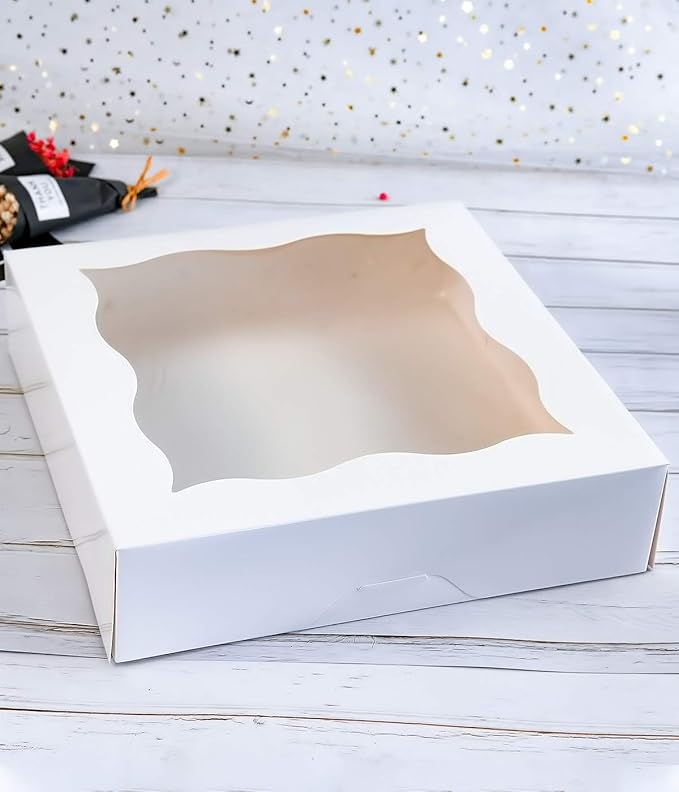CHERRY 15-Pack 12"x12"x3"White Bakery Boxes with PVC Window for Pie and Cookies Boxes Large Natural Paper Box,Pack of 15