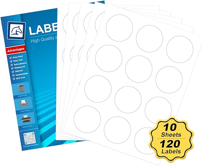 2" Round Sticker Labels - White Printable Sheets, Circle Stickers - 10 Sheets | 120 Labels (HB-C012)