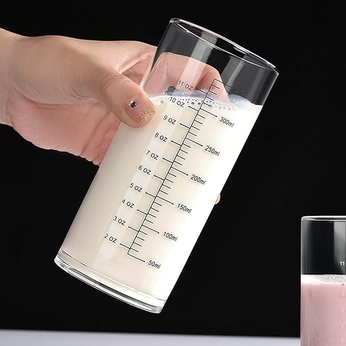 Graduated Glass Drinking Cup, High Borosilicate Glass Measuring Cup for Elderly, Beginners, Weight Loss, Straight Clear Glasses with Measurements for Water, Milk, Juice, Milkshake, Coffee (350 ml)
