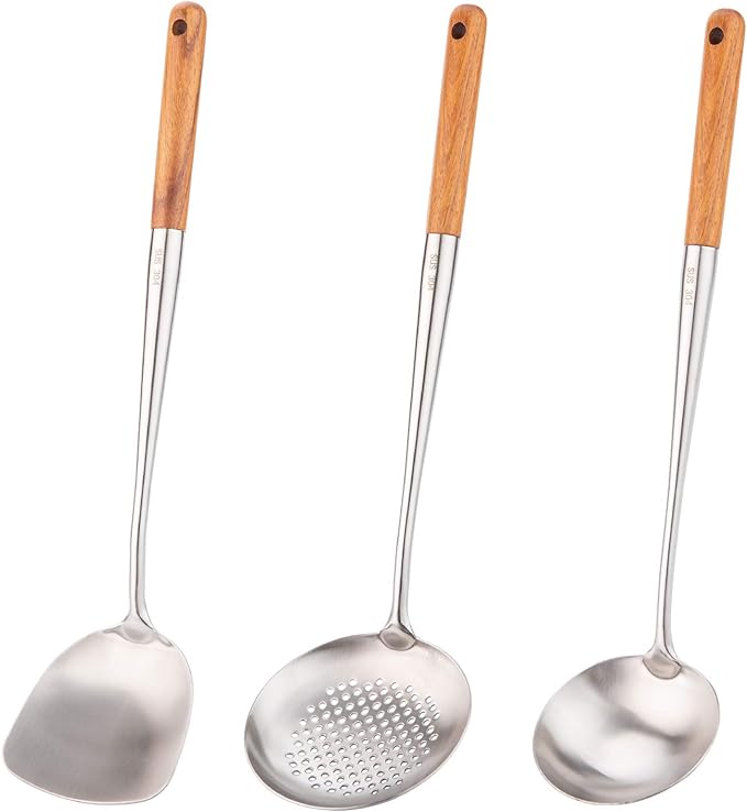FJNATINH Wok Spatula and Ladle,Skimmer Ladle Tool Set, 17inches Spatula for Wok, 304 Stainless Steel Cooking Utensils