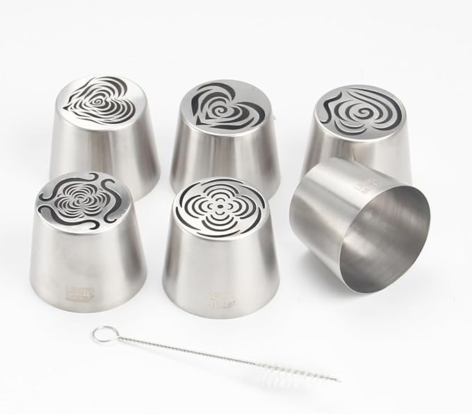 Extra Large Russian Piping Tip Set - 6 Stainless Steel Marshmallow Buttercream Framing Nozzles for 3D Roses Tulip Cake Decorations and Marshmallow Bouquets, Includes 1 Cleaning Brush(6H)