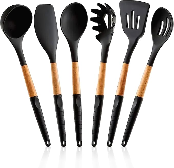 Kitchen Utensils Set, Special Edition with Silicon Handle, Silicone Cooking Tools, 6 Piece, Black, 12.9 Inch Length, Used for Cooking, Baking, Mixing, Serving
