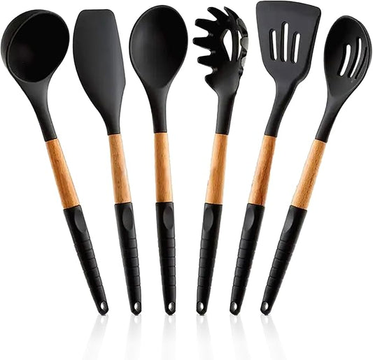 Kitchen Utensils Set, Special Edition with Silicon Handle, Silicone Cooking Tools, 6 Piece, Black, 12.9 Inch Length, Used for Cooking, Baking, Mixing, Serving