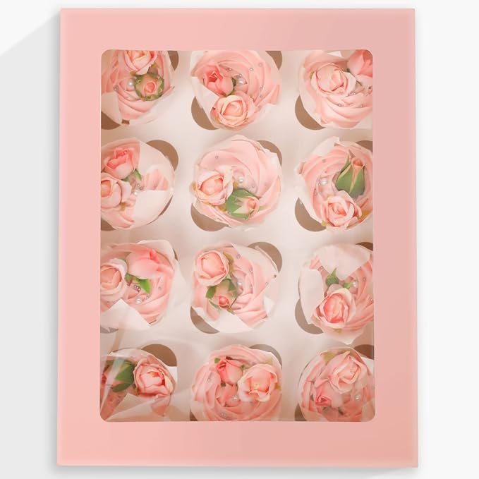Bakepacker 12 Cupcake Containers 10-Packs Pink Cupcake Box Cupcakes Carrier, 12 Cupcake Boxes with Window 13"x10"x3.5"（Auto-pop up）