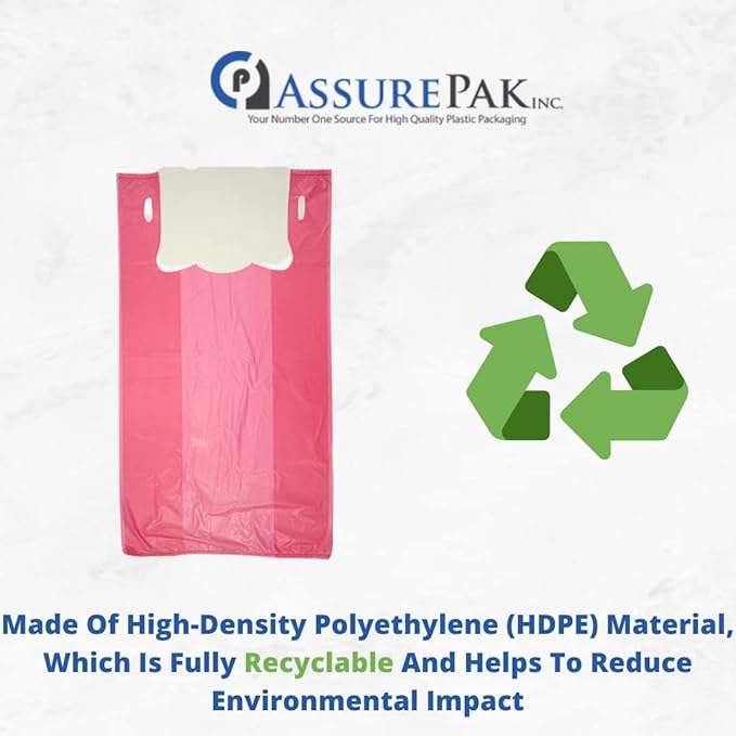 ASSUREPAK Pink HDPE T-Shirt Plastic Bags for Retail, Groceries, Merchandise, Convenience Store, Supermarket, Restaurant - 1/6 BBL, 11.5"X6"X21" - Pack of 1000 Bags, 13 Microns - Unprinted (Pink)